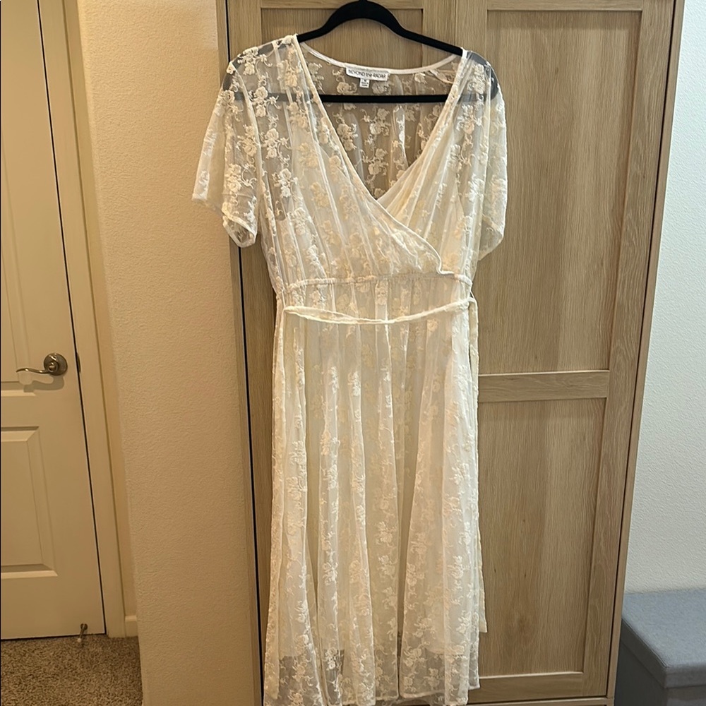 Lace Wrap Midi Dress in Ivory